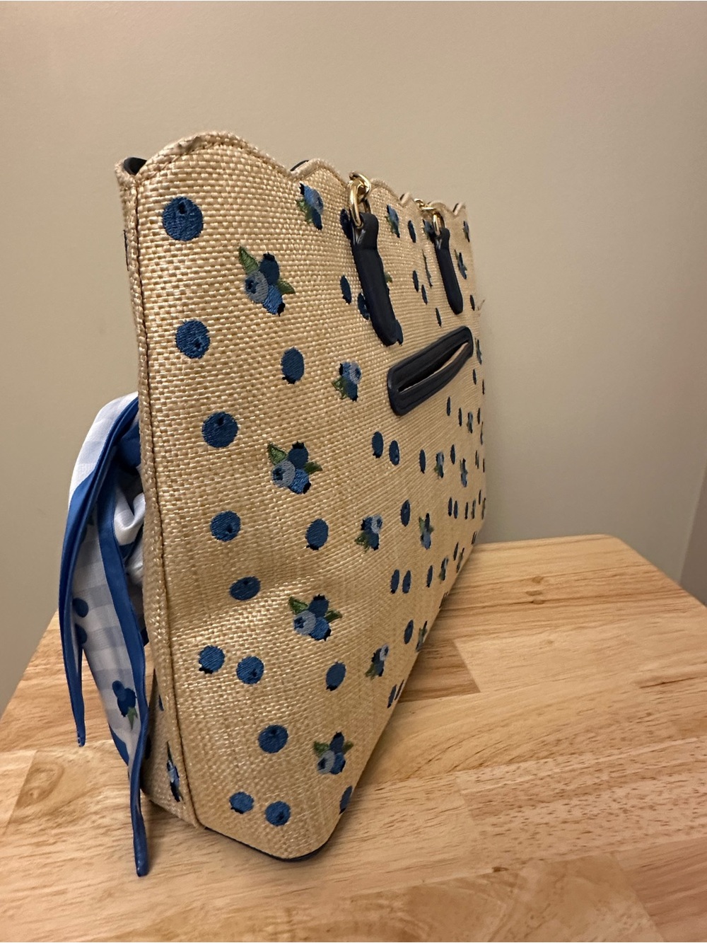 Betsey Johnson Tan Tote with Blue Floral Dots Design & Blue Pom Charm & Scarf - Picture 10 of 16